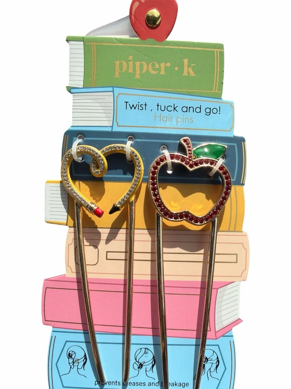 Set of 2 Teacher Themed Piper K  Tuck Twist & Go Hair Pins Apple & Pencil